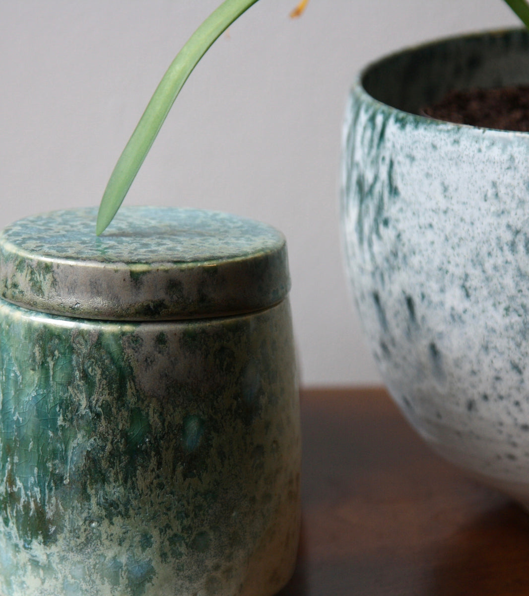 Small Lidded Jar / White & green glaze