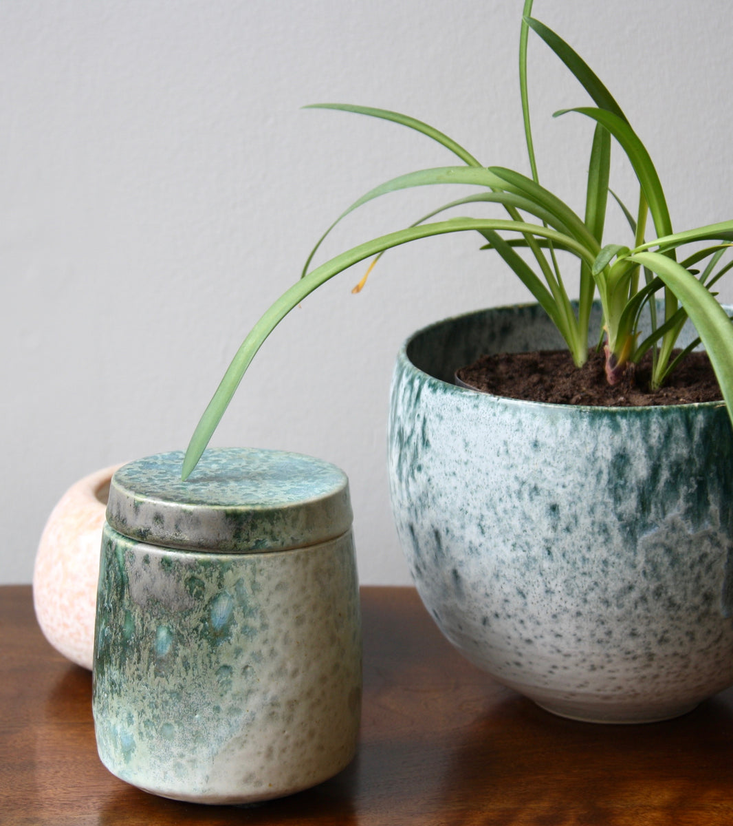Small Lidded Jar / White & green glaze