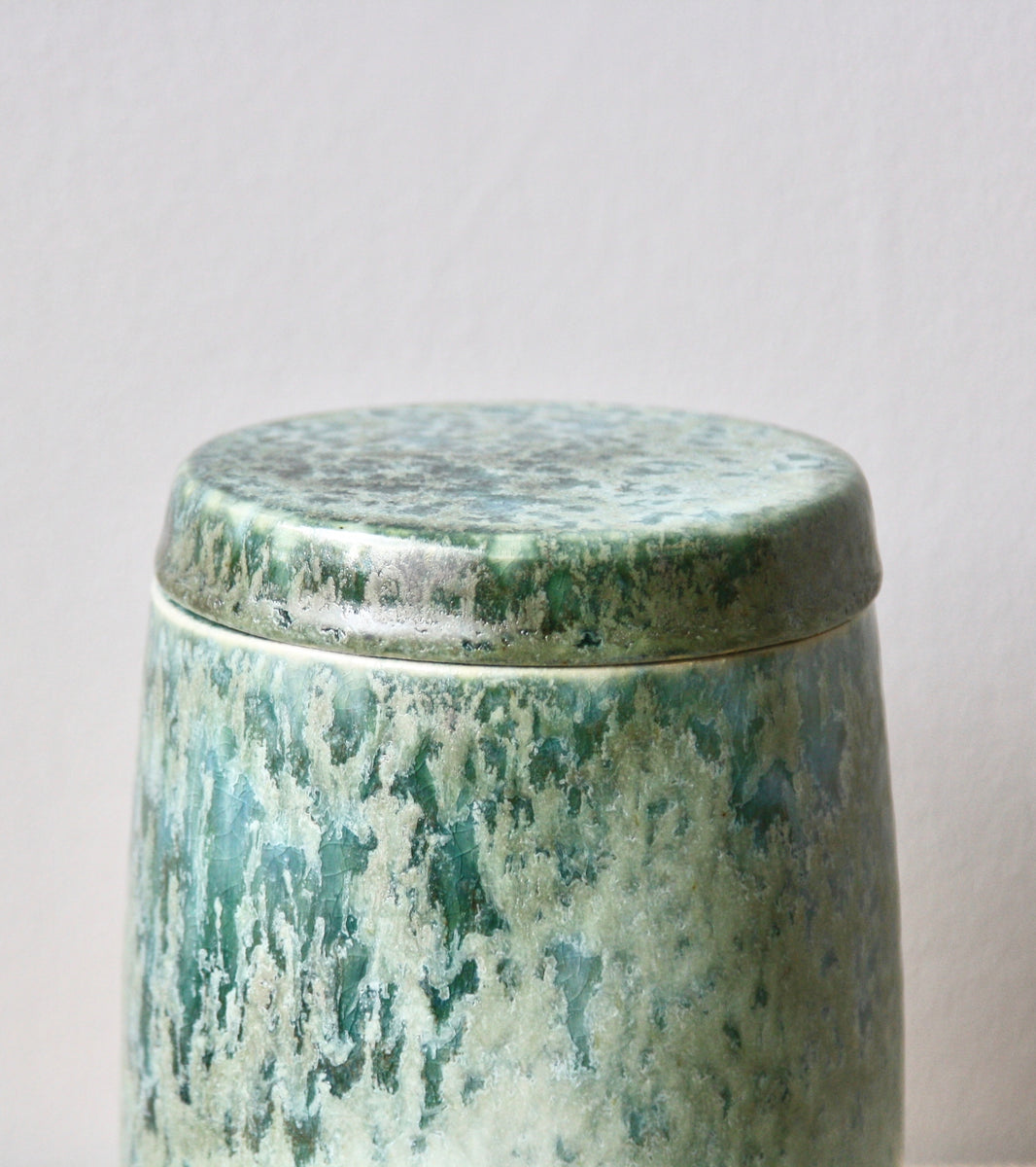 Medium Lidded Jar / White & Green glaze