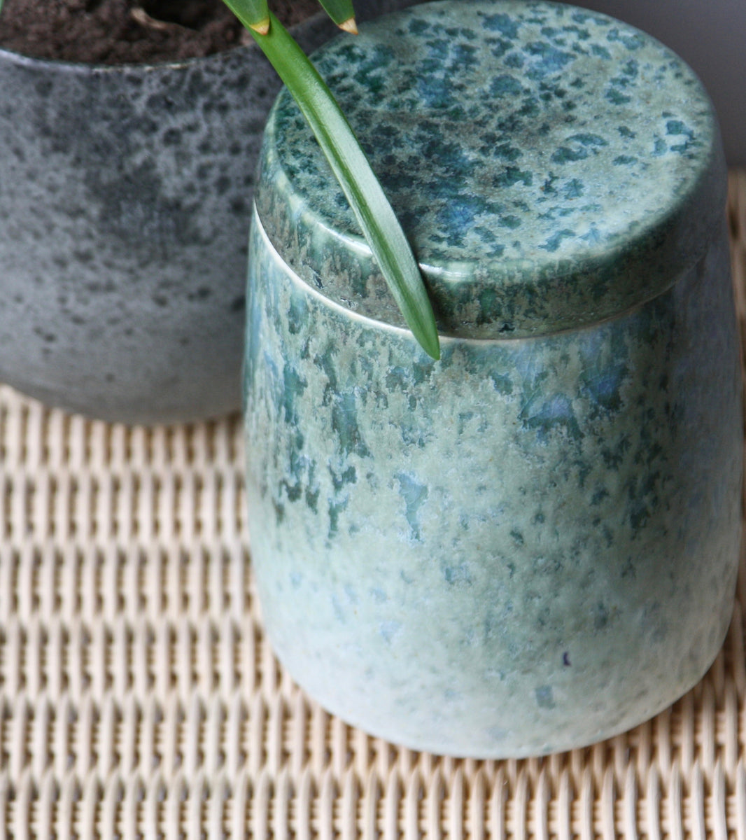 Medium Lidded Jar / White & Green glaze