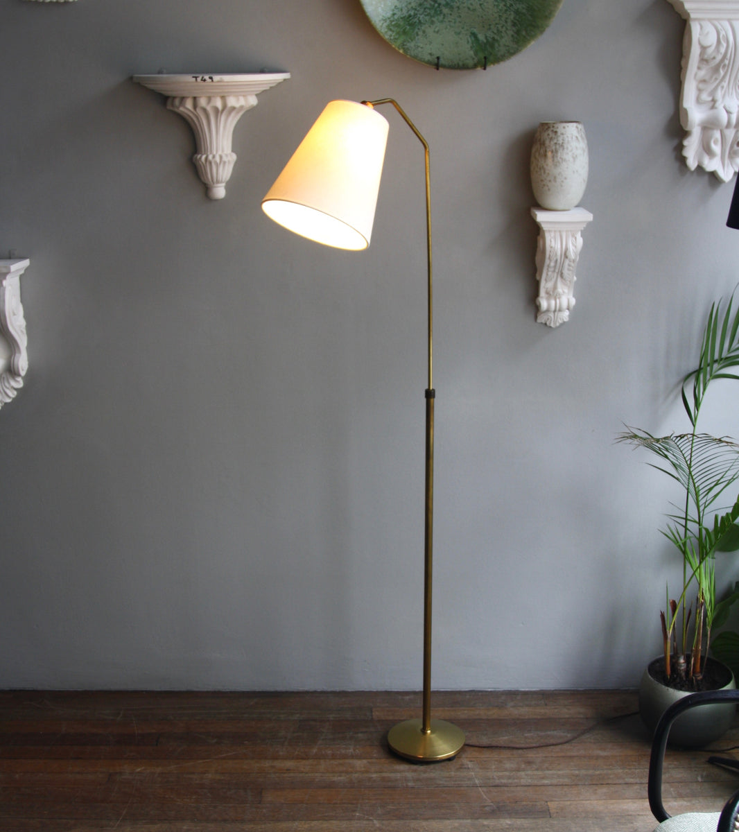 Bent-Neck Brass Floor Light / Denmark, 1940s
