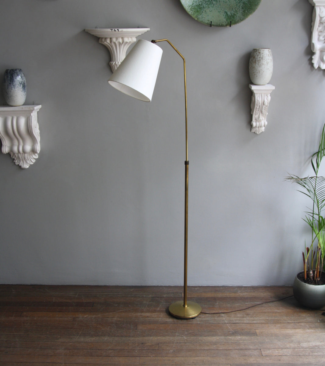 Bent-Neck Brass Floor Light / Denmark, 1940s