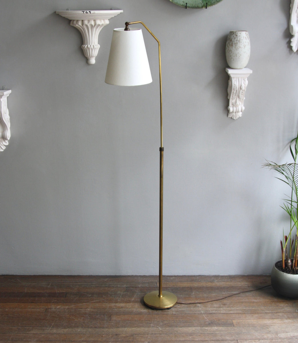 Bent-Neck Brass Floor Light / Denmark, 1940s
