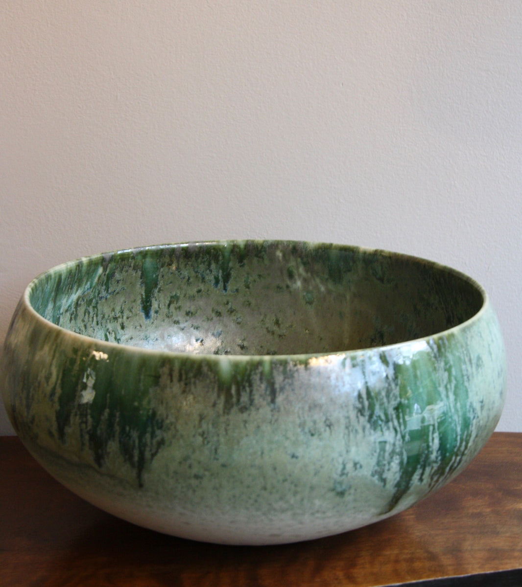 Large Cauldron Shaped Bowl / White & Green Glaze