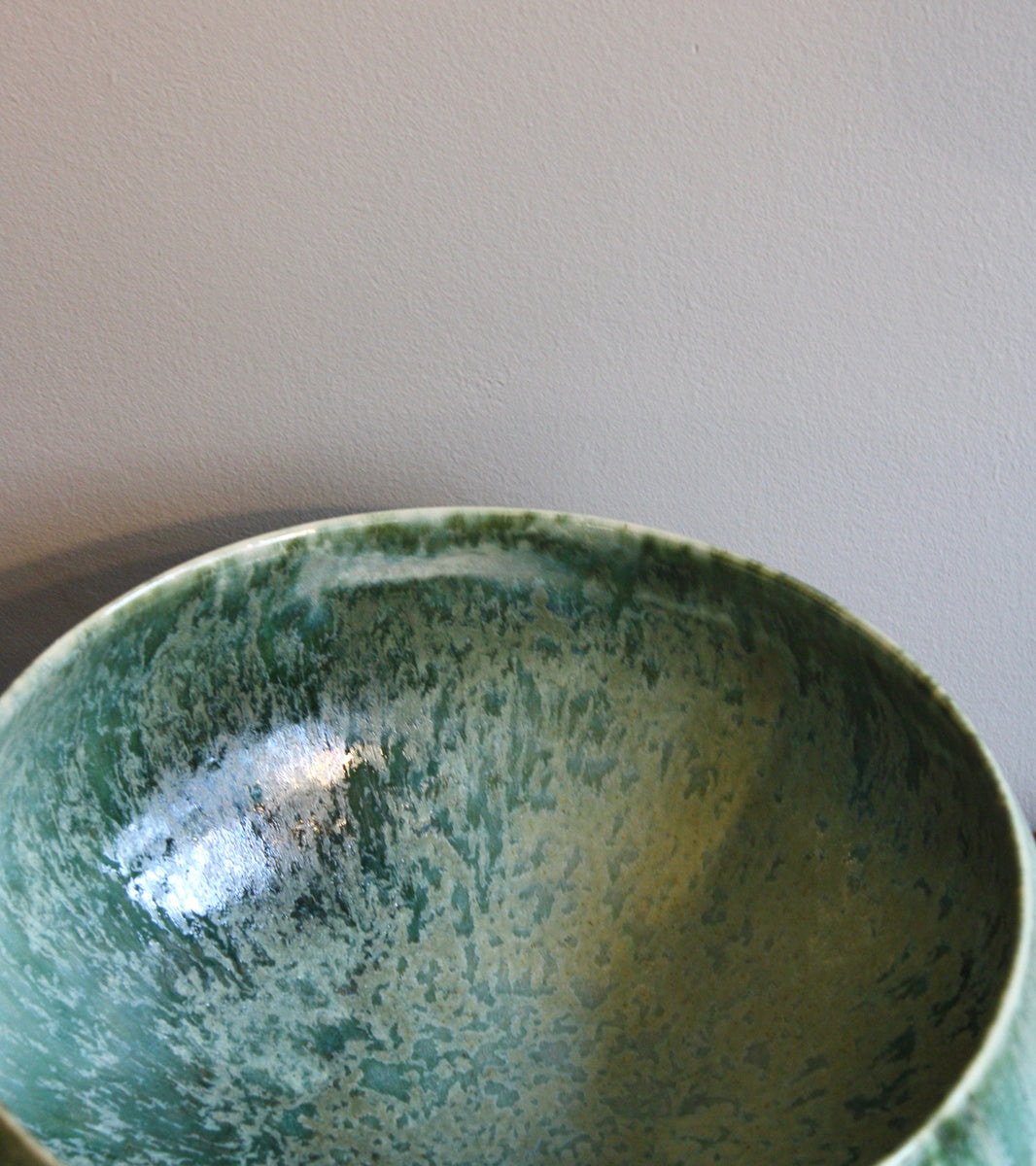 Large Cauldron Shaped Bowl / White & Green Glaze
