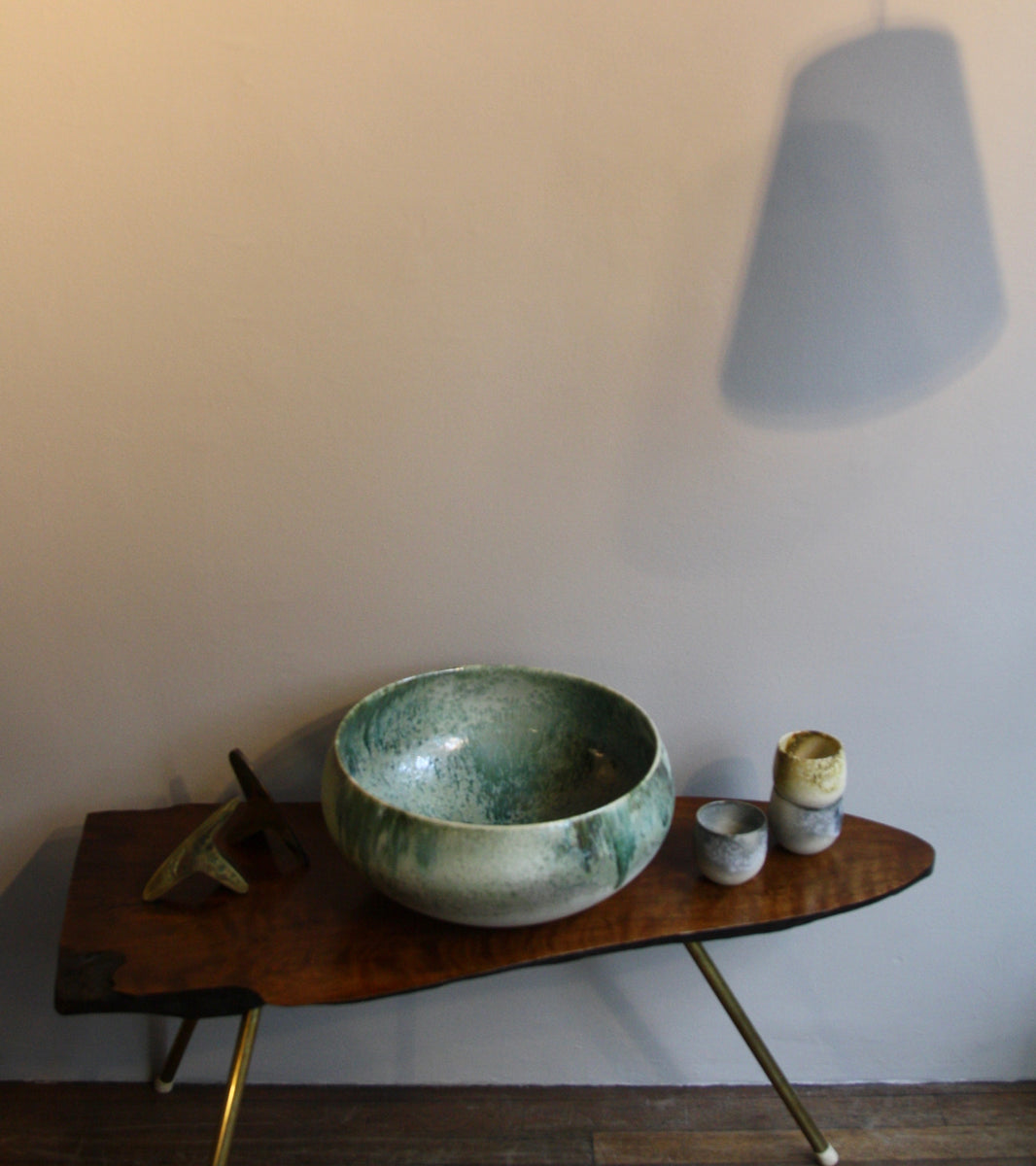 Large Cauldron Shaped Bowl / White & Green Glaze