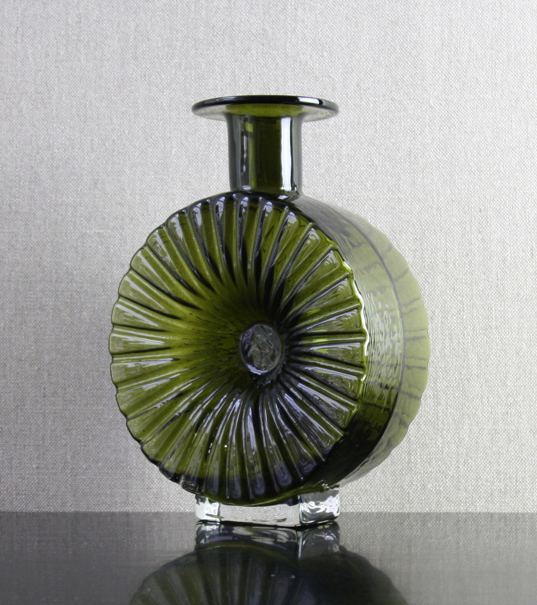 Large Olive Green Model 1394 "Aurinko" (Sun) Bottle Vase Helena Tynell, 1964