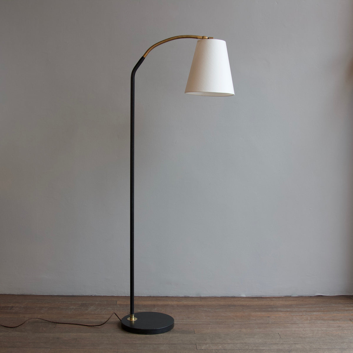 Black & Gold Gooseneck Floor Lamp / England, 1950s