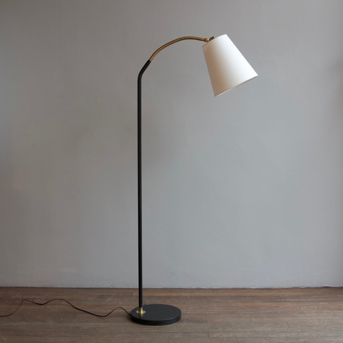 Black & Gold Gooseneck Floor Lamp / England, 1950s