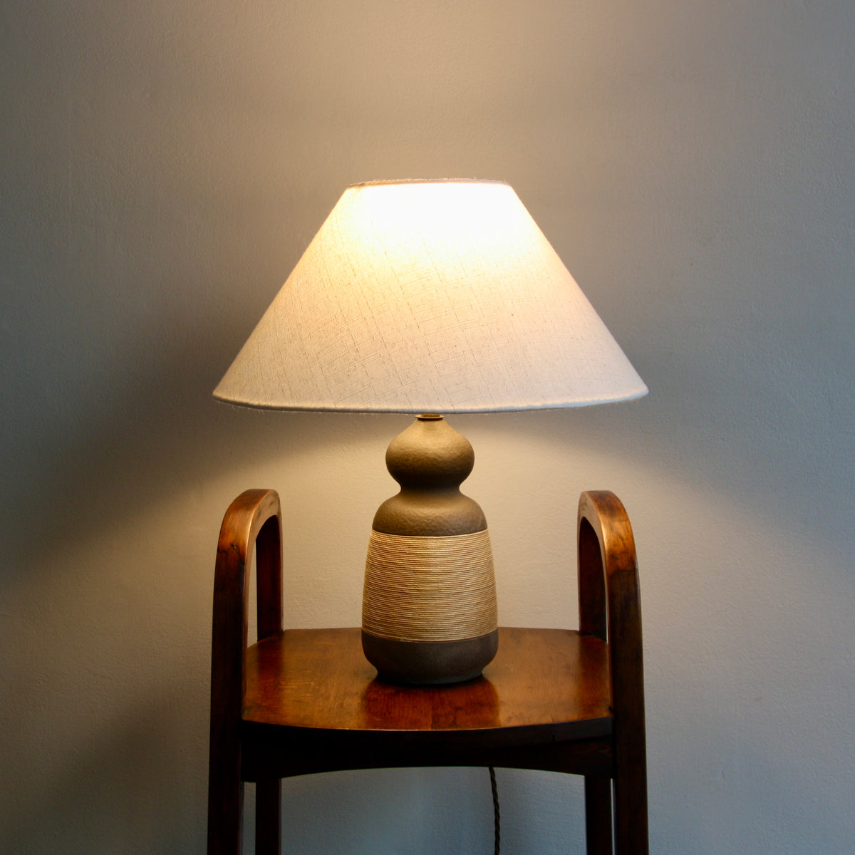 Gourd-Like Ceramic & Rope Table Lamp / Denmark, 1950s