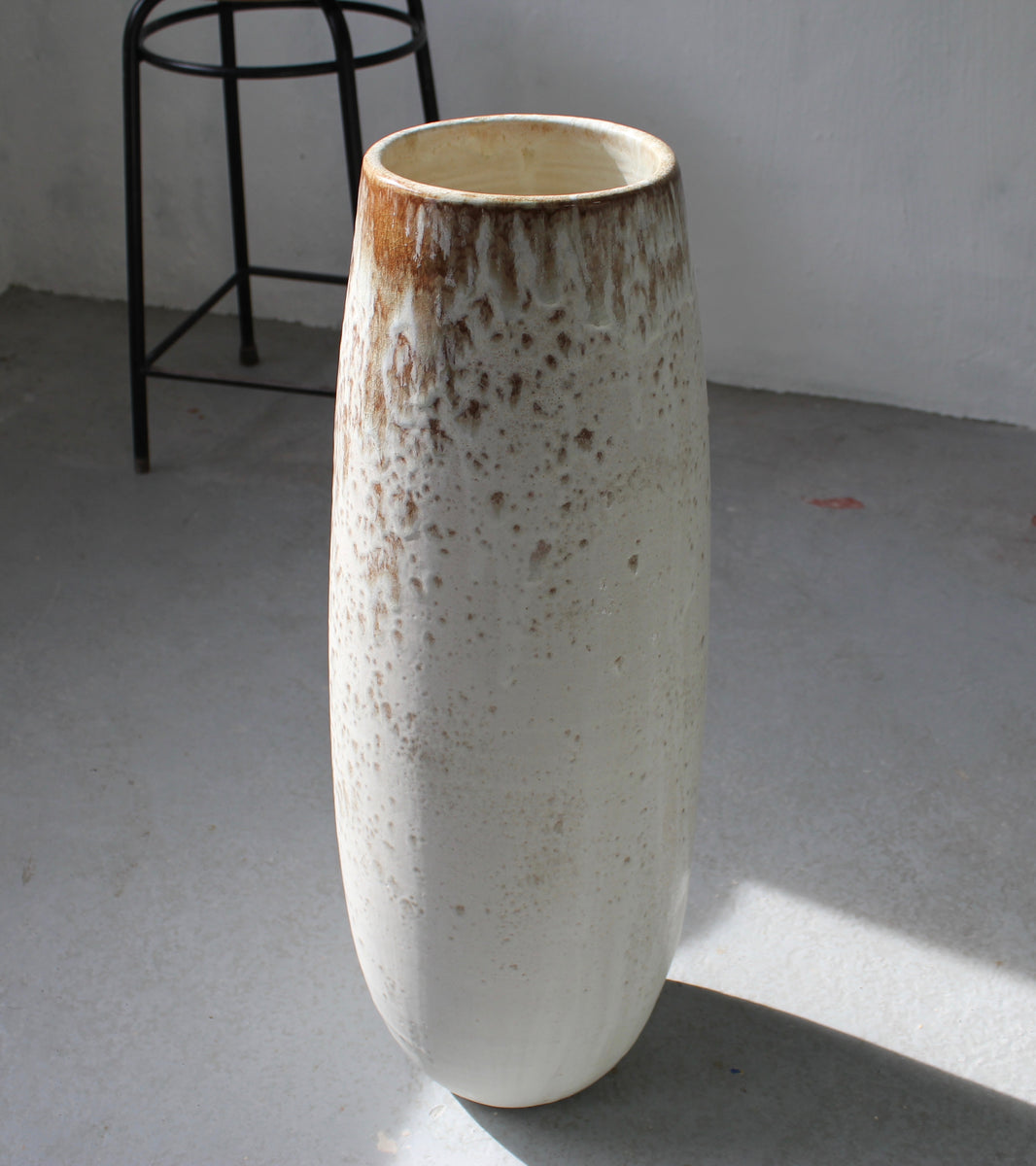 Very Large Slender Floor Vase <br> White & Mauve Glaze
