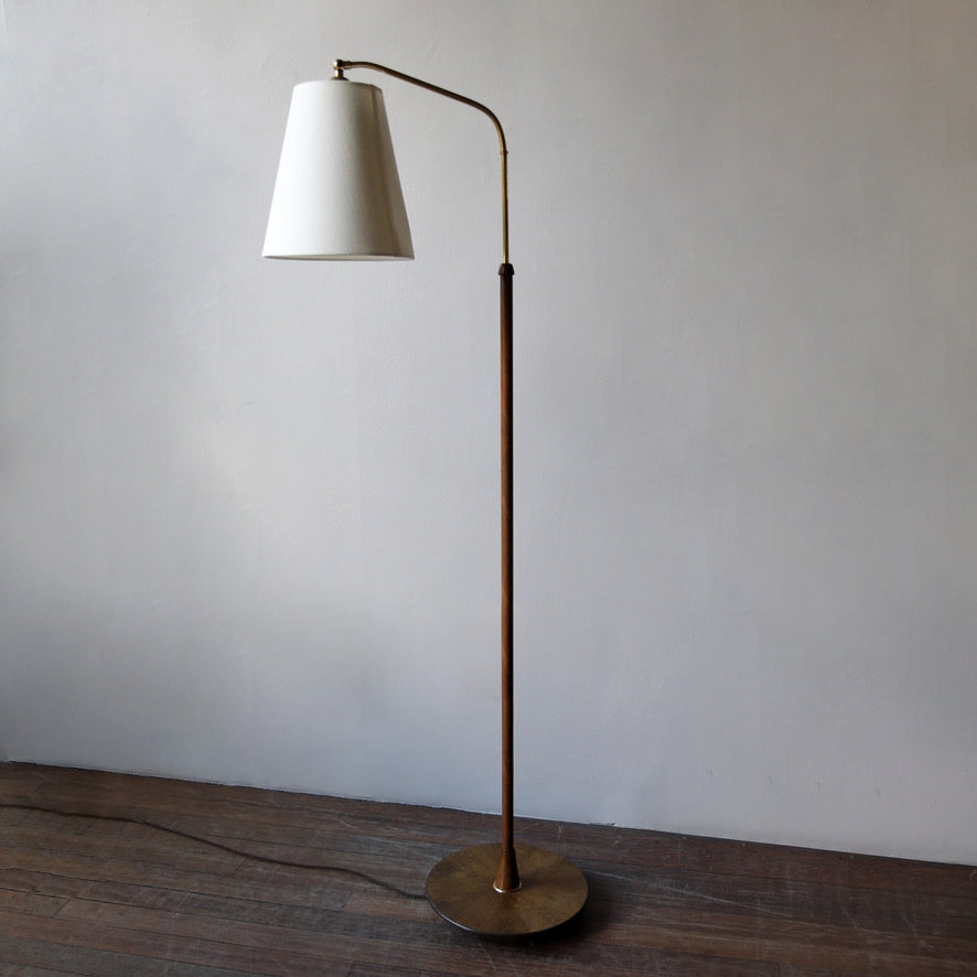 Bent-Neck Wood & Brass Floor Light / Denmark, 1940s