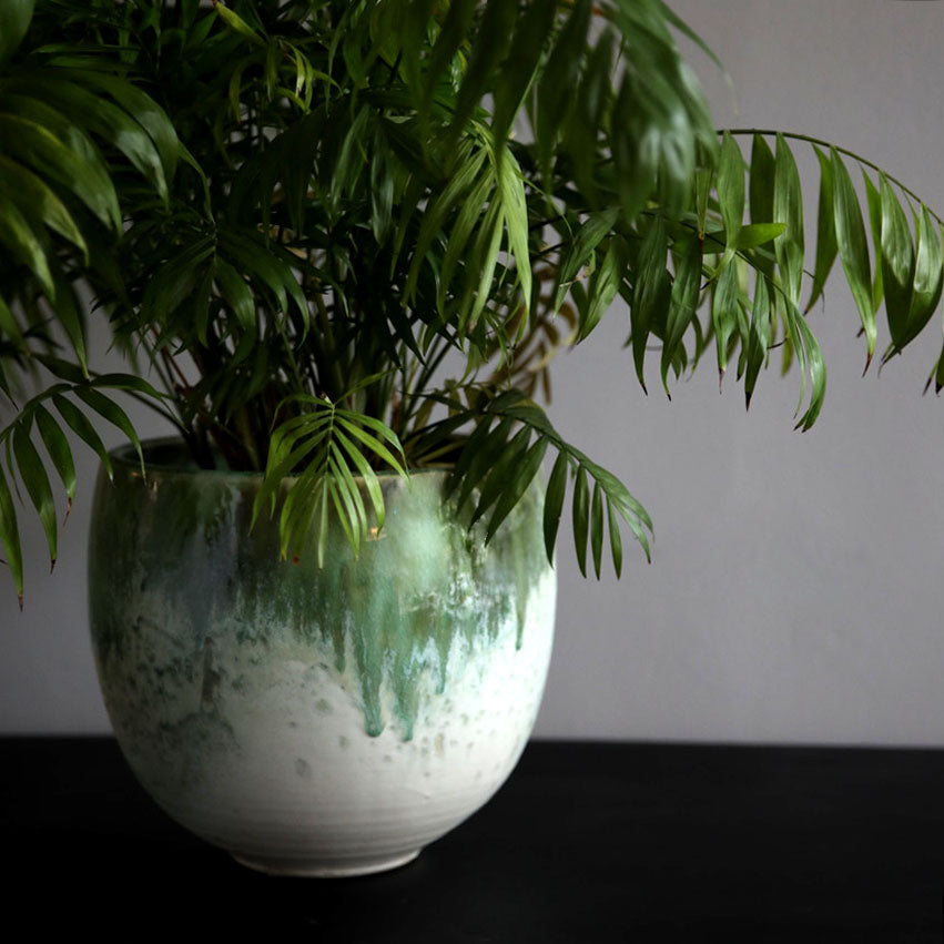 Medium Bell Shaped Planter / White & Green Glaze