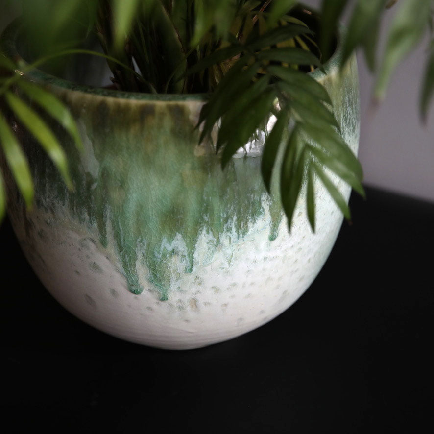 Medium Bell Shaped Planter / White & Green Glaze