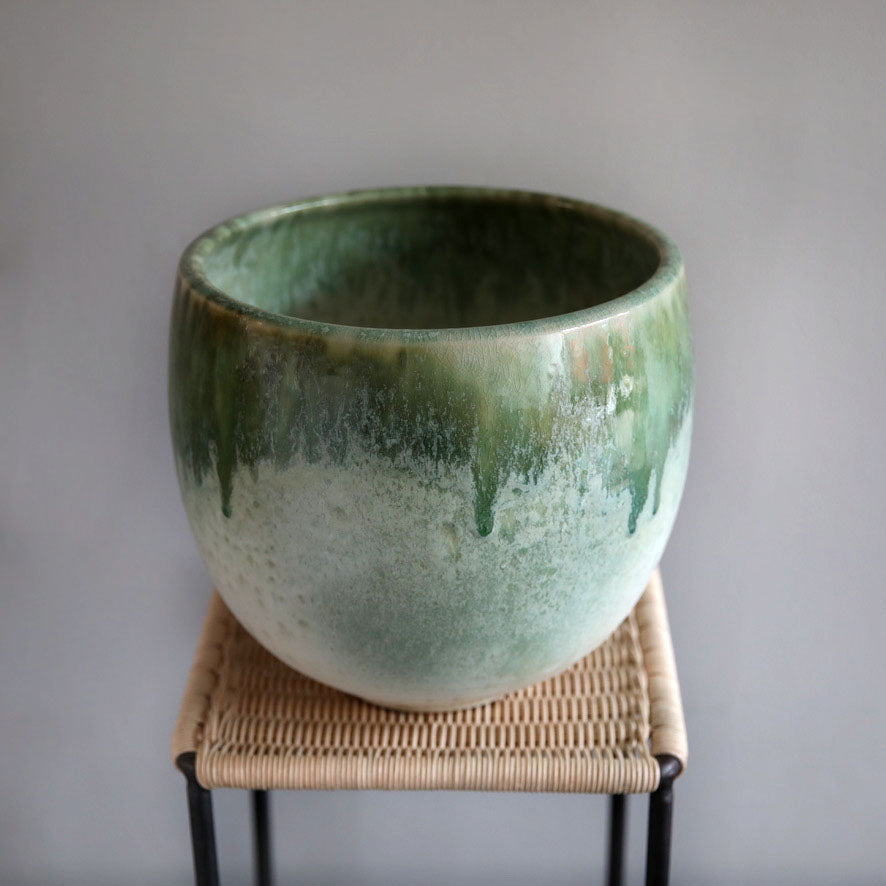 Medium Bell Shaped Planter / White & Green Glaze