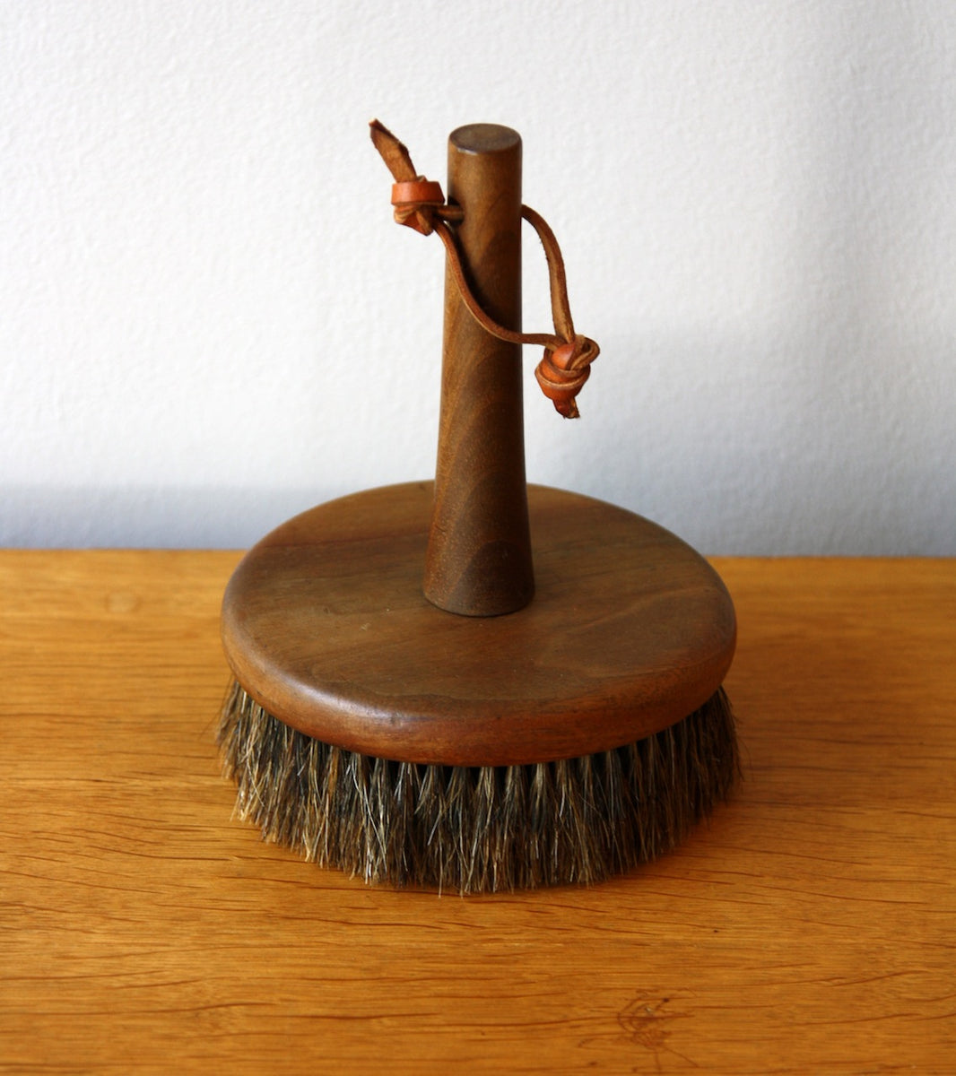 Round Walnut Brush with Natural Bristles & Leather Strap, Carl Auböck