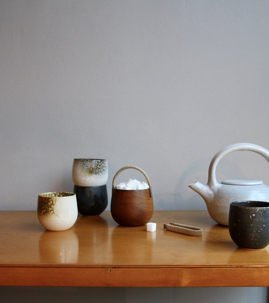 Sugar Pot & Tongs with an array of ceramics, Carl Auböck 