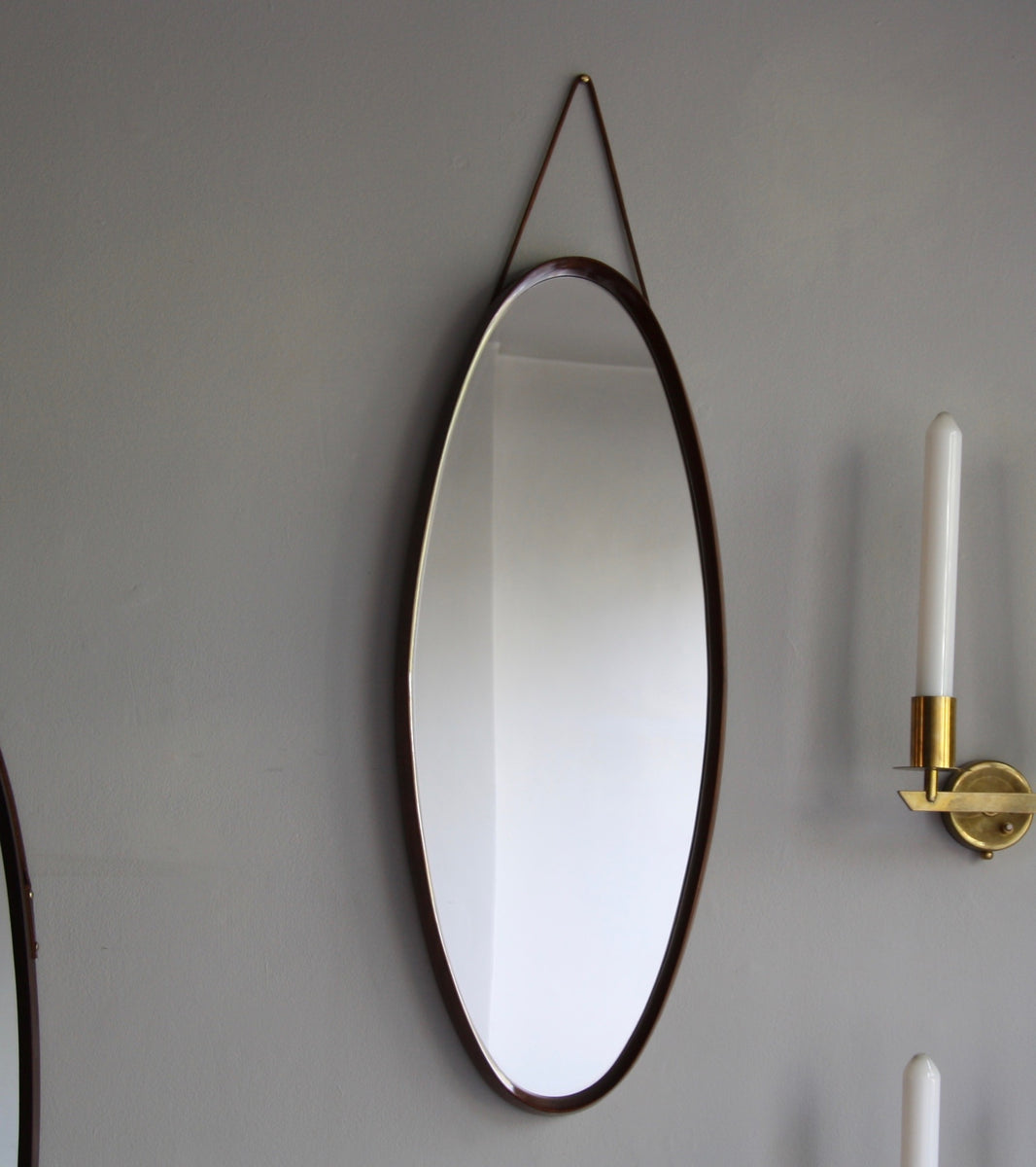 Teak Oval Mirror with Leather Denmark C. 1950 - Image 1