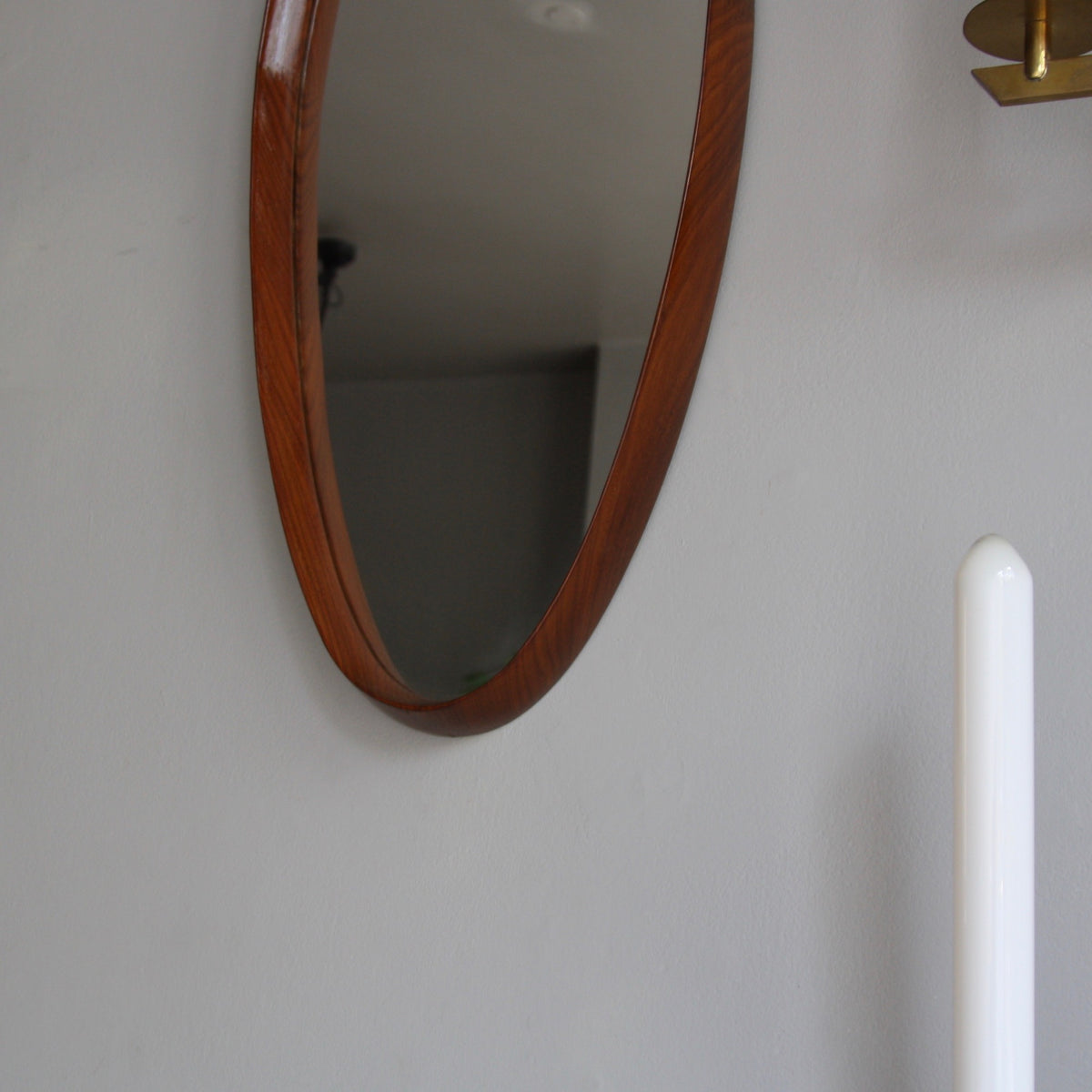 Vintage Teak Oval Mirror with Leather Denmark C. 1950 - Image 2