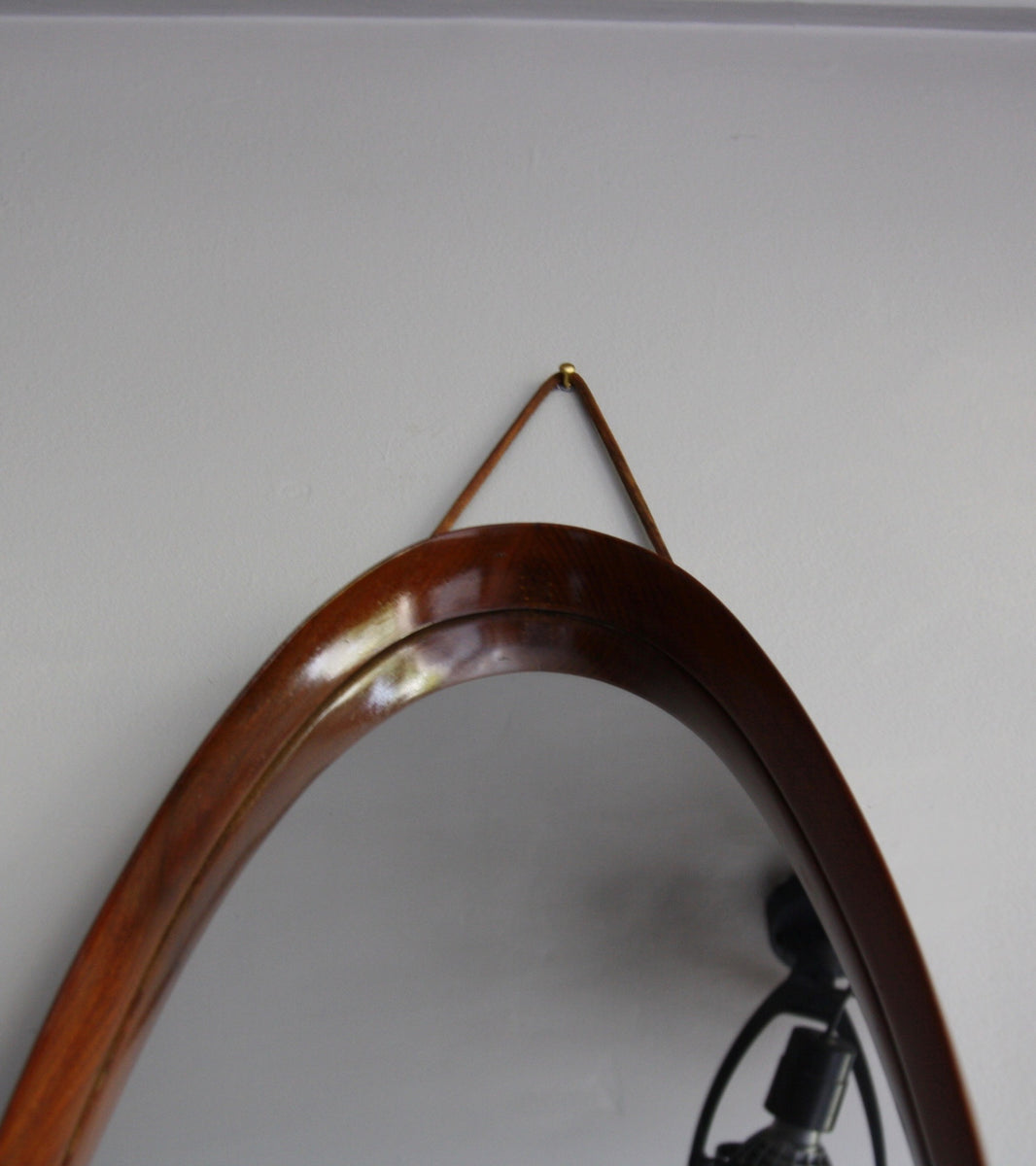 Original 20th Century Teak Oval Mirror with Leather Denmark - Image 3