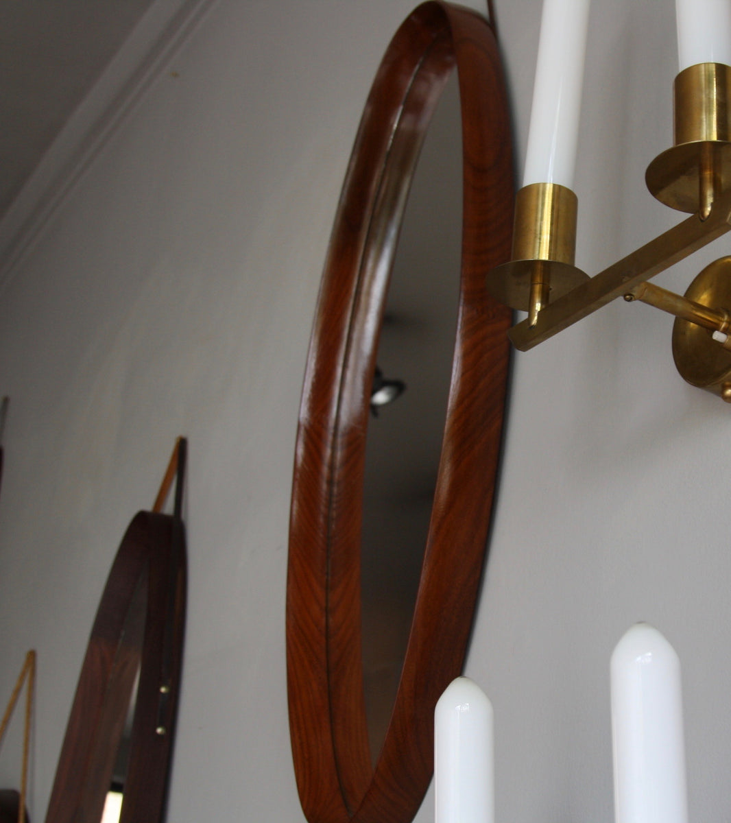 Side View of Teak Oval Mirror with Leather Denmark C. 1950 - Image 4