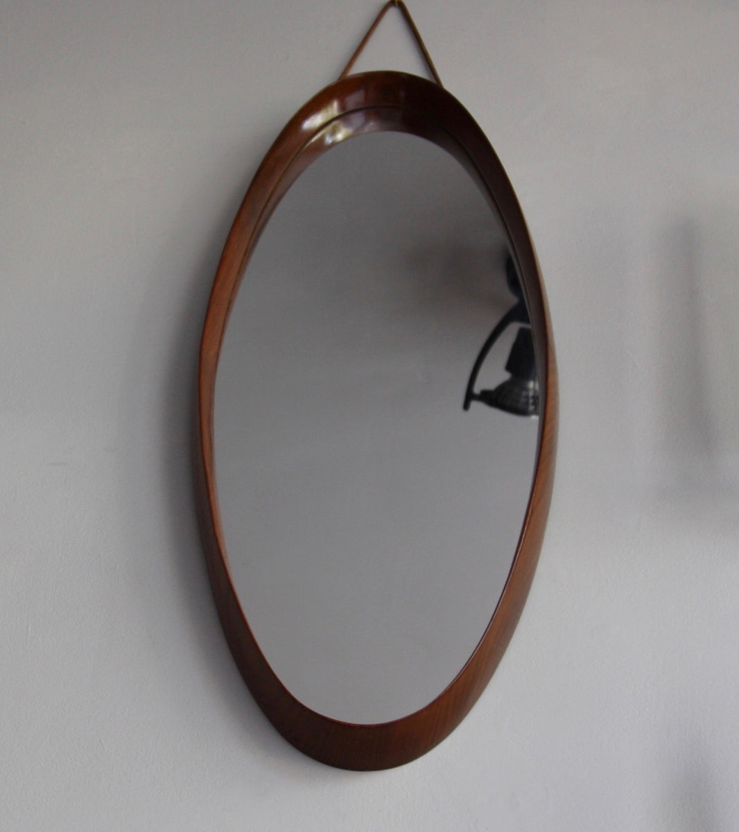 Scandinavian Teak Oval Mirror with Leather Denmark C. 1950 - Image 5