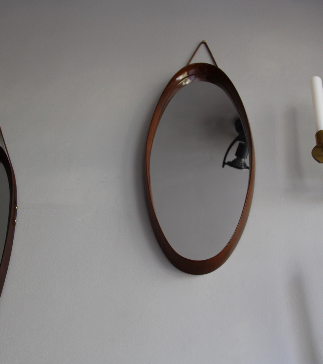 Teak Oval Mirror with Firm Leather Denmark C. 1950 - Image 8