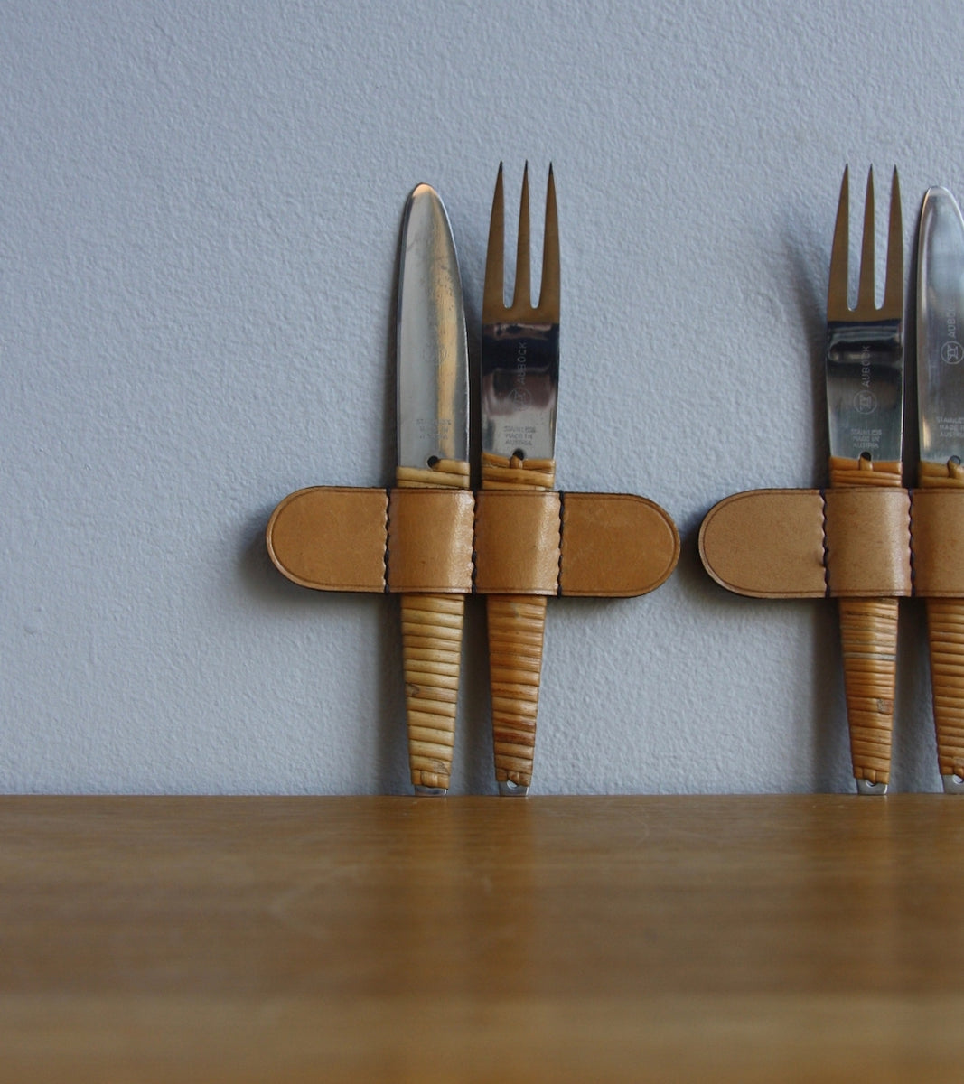 Woven Wicker Covered Two Sets of Knives & Forks, Carl Auböck 