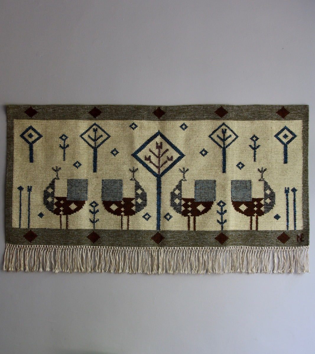 Handwoven Swedish wallhanging 1950s tassels cockerels geometric brown